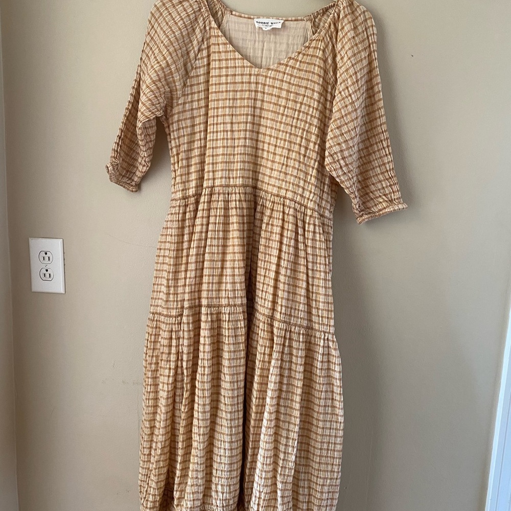 Bobbie Wren Boho Tiered Maxi Dress in Tan Check Print Large - Picture 6 of 9
